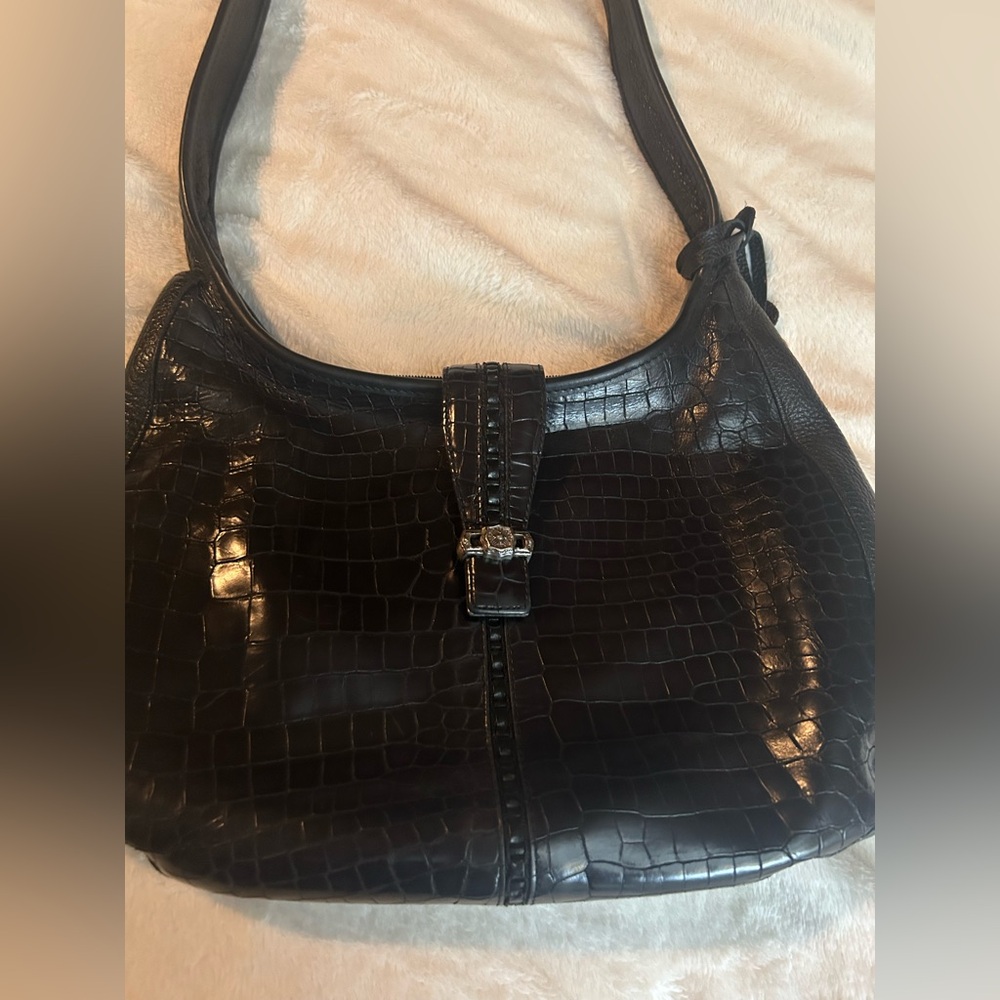 Black Crocodile-Embossed Shoulder Bag